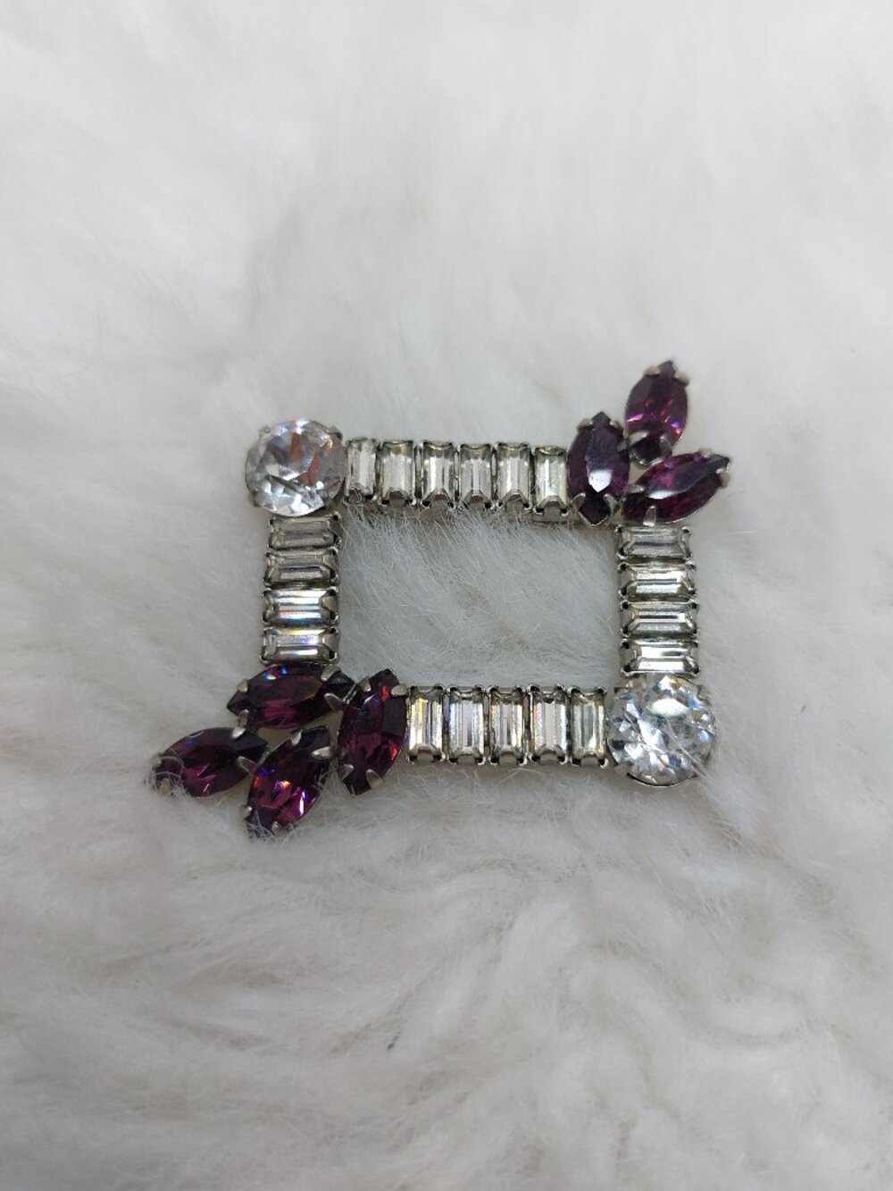 Vintage Rectangular Princess Signed Silver Tone Purple and Clear Rhinestone Broo